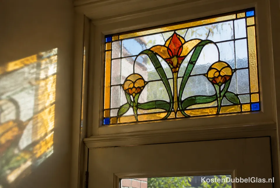 Kleurrijk glas-in-loodraam in een oude woning