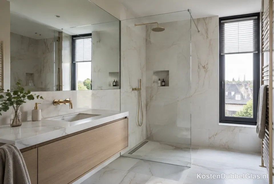 Spiegel en glazen douchewand op maat in een badkamer